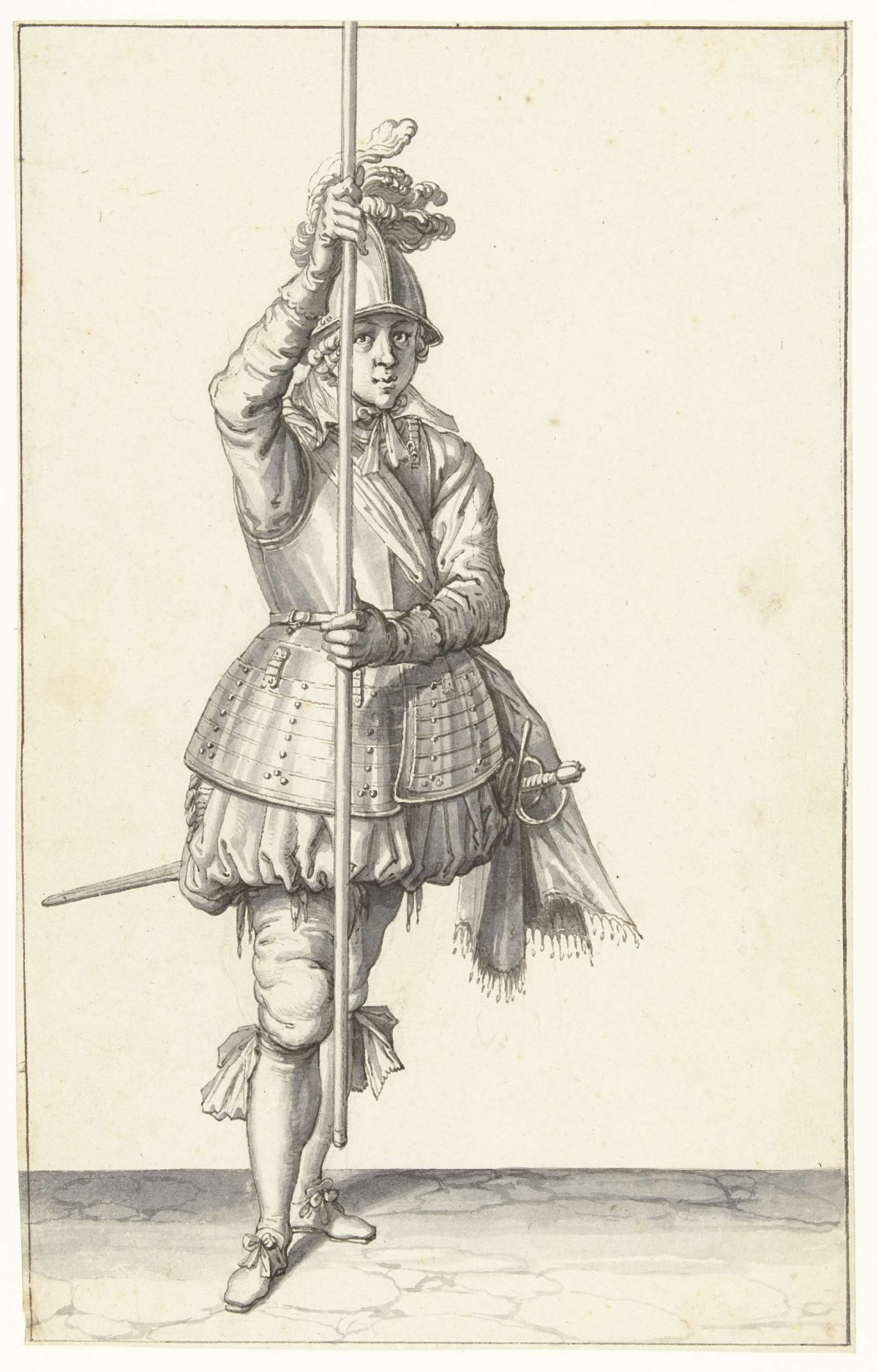 Soldier, seen from the front, holding his spear with both hands upright in front of him slightly above the ground, Jacques de Gheyn (II), 1596 - 1606