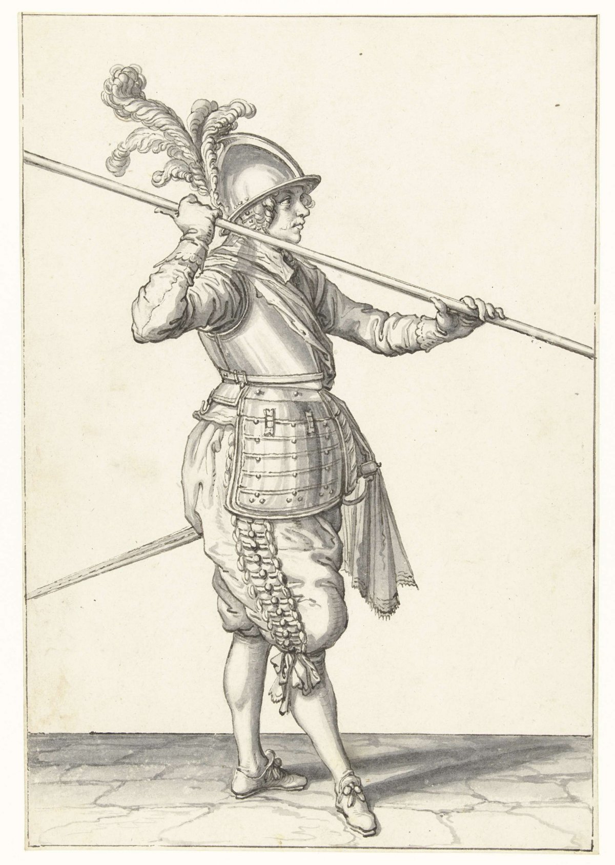 Soldaat die zijn spies bijna horizontaal boven zijn rechterschouder draagt, Jacques de Gheyn (II), 1596 - 1606