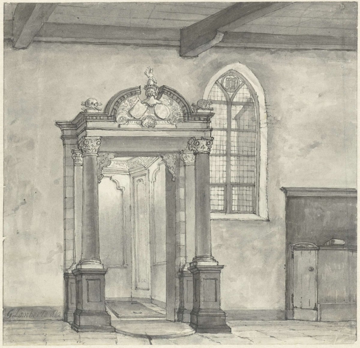Access to the chapel with the tomb of the Lords of Zandvoort, in the church at Zandvoort, Gerrit Lamberts, 1842