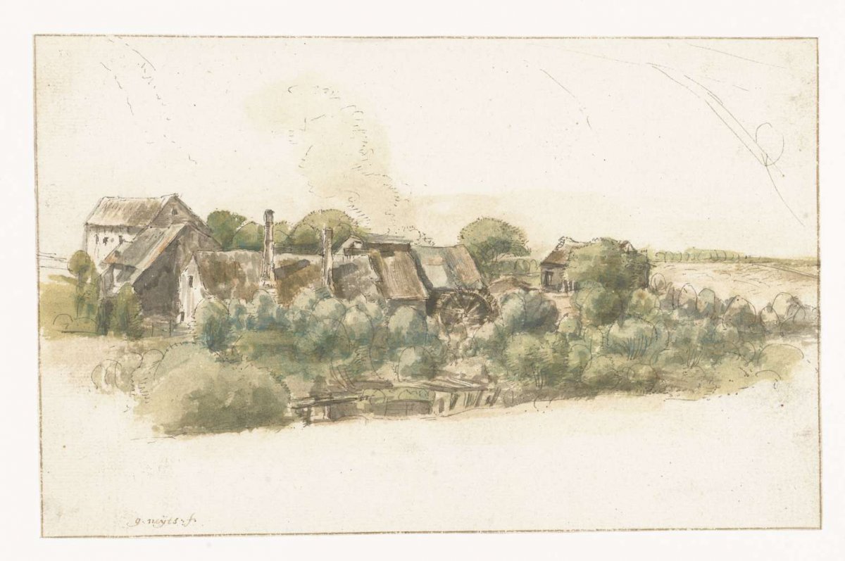 View of some houses and a water mill among trees, Gilles Neyts, 1633 - 1687
