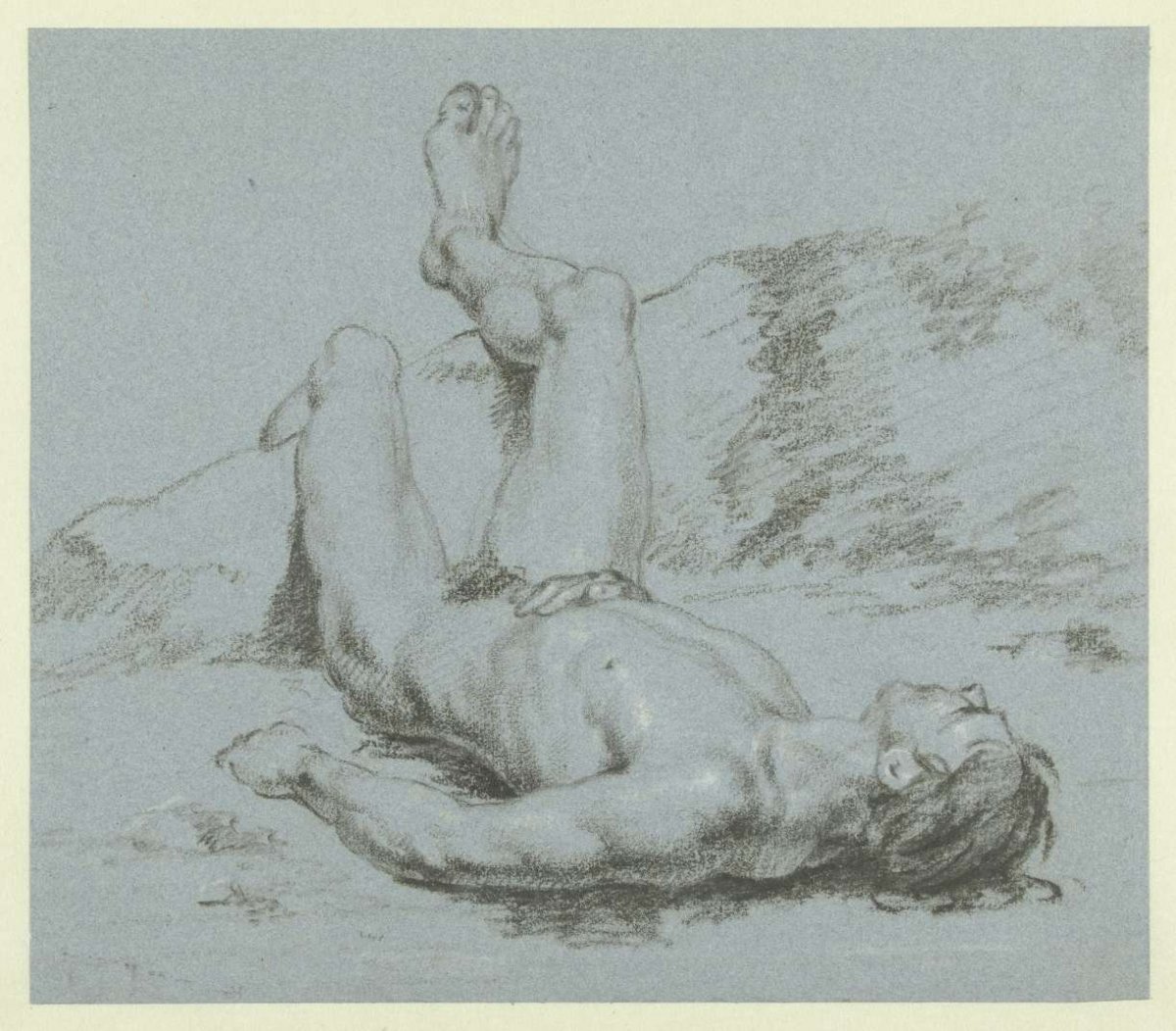 Reclining male nude with legs raised, Adriaen van de Velde, 1646 - 1672