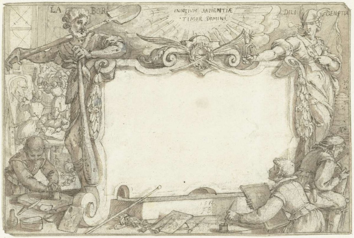 Title page with Labor (Labor) and Diligence (Diligentia) for artists' studio, Augustin Braun, 1614