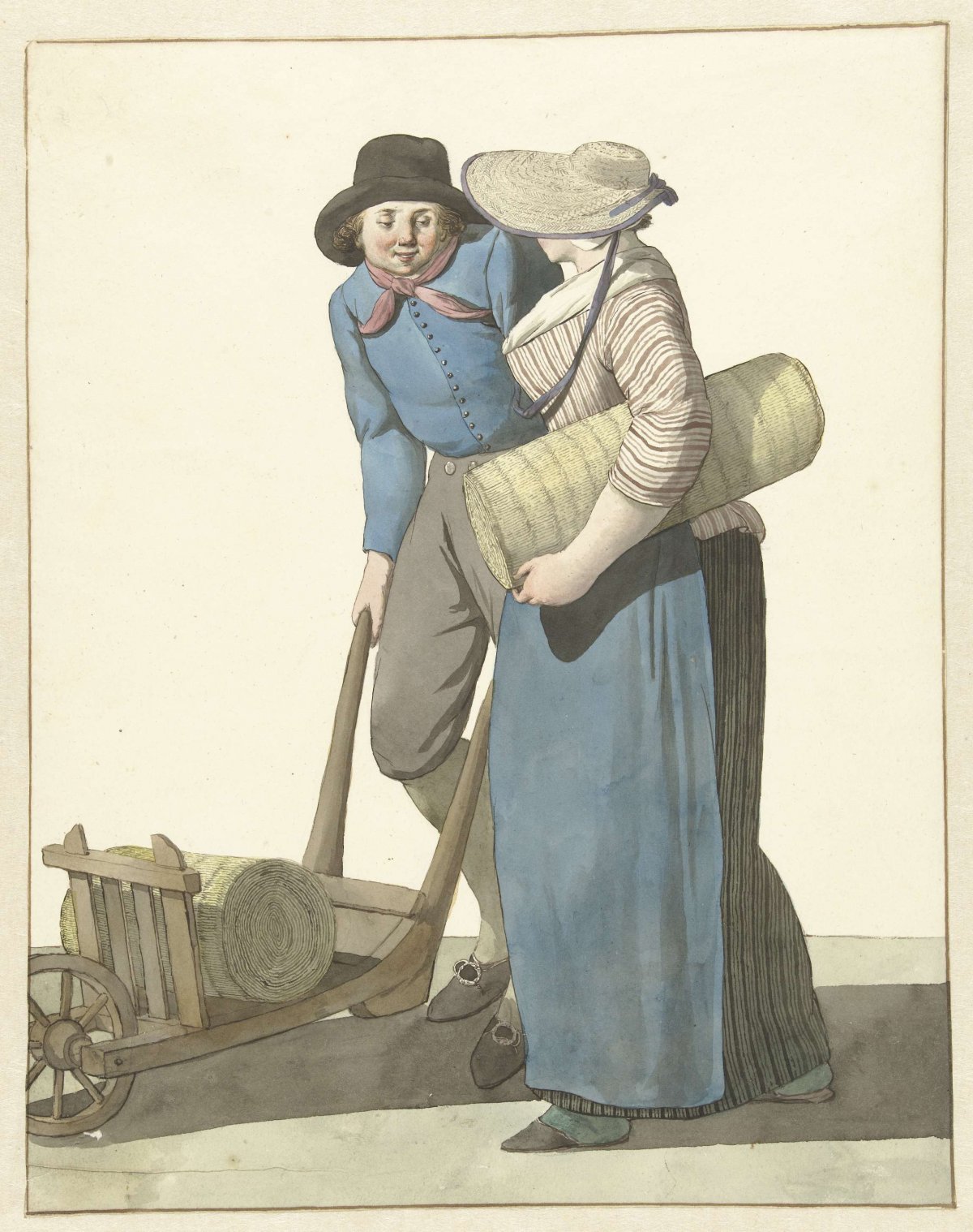 Woman next to a man with a wheelbarrow, W. Barthautz, 1700 - 1800