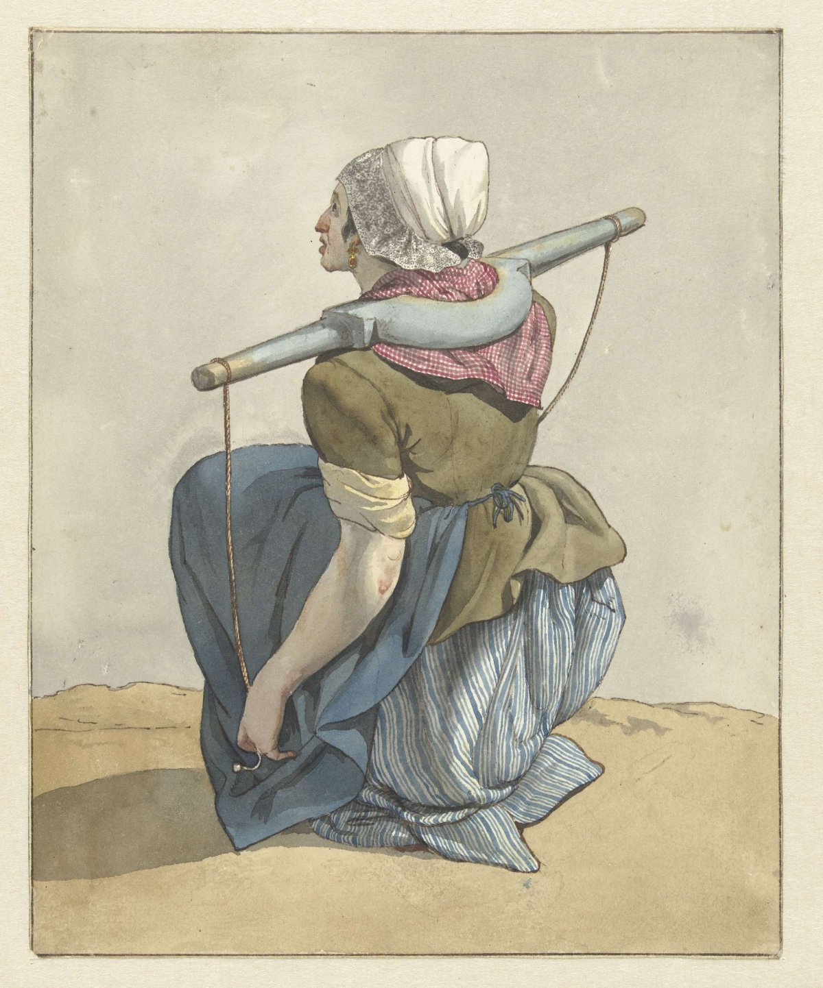 Seated woman with a yoke on her shoulders, W. Barthautz, 1700 - 1800