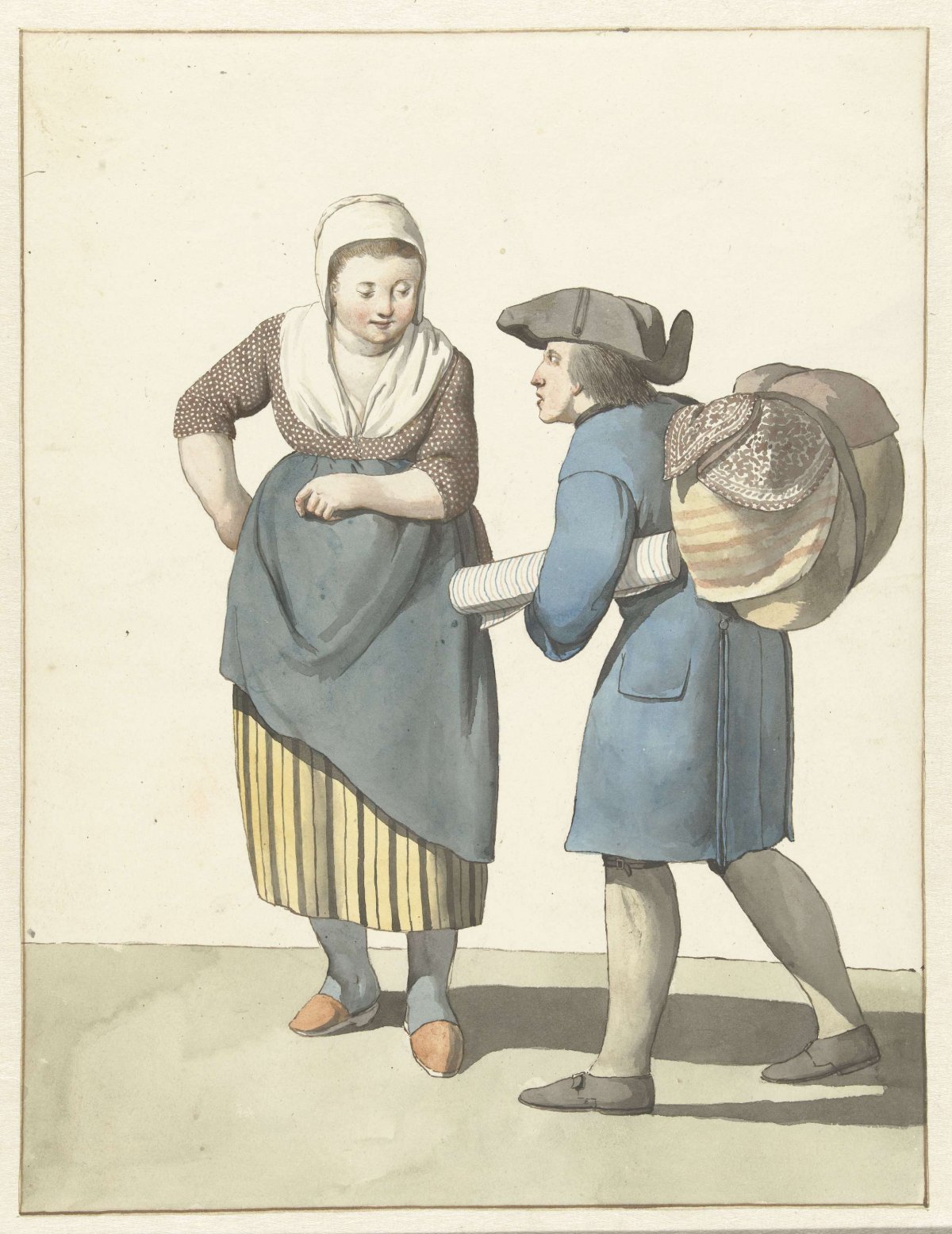 Fabric seller negotiating with a woman, W. Barthautz, 1700 - 1800