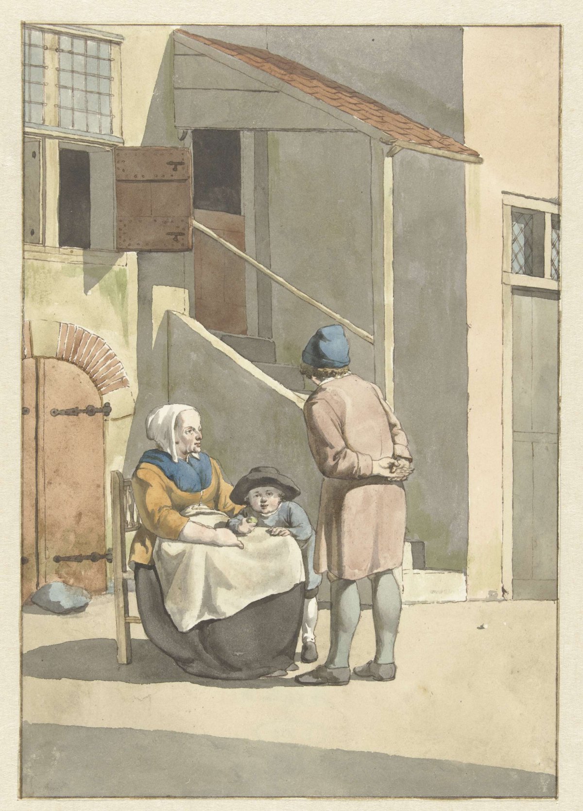 Boy and woman with child in front of a house, W. Barthautz, 1700 - 1800