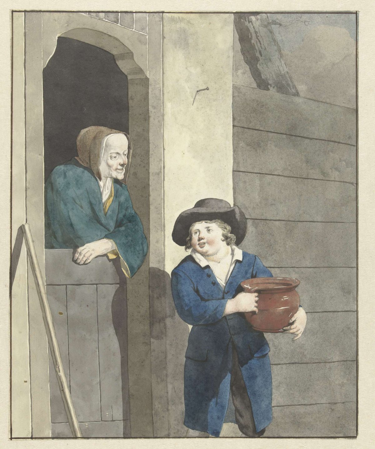 Boy with a pot near a woman leaning on a lower door, W. Barthautz, 1700 - 1800