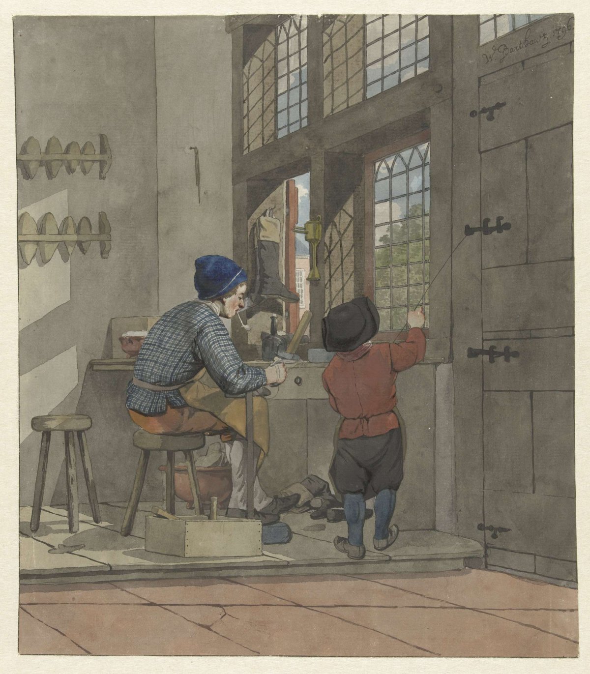 Schoenmaker in zijn werkplaats, W. Barthautz, 1796