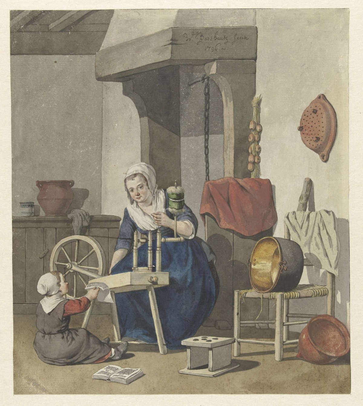 Interior with a spinning woman with a child, W. Barthautz, 1796