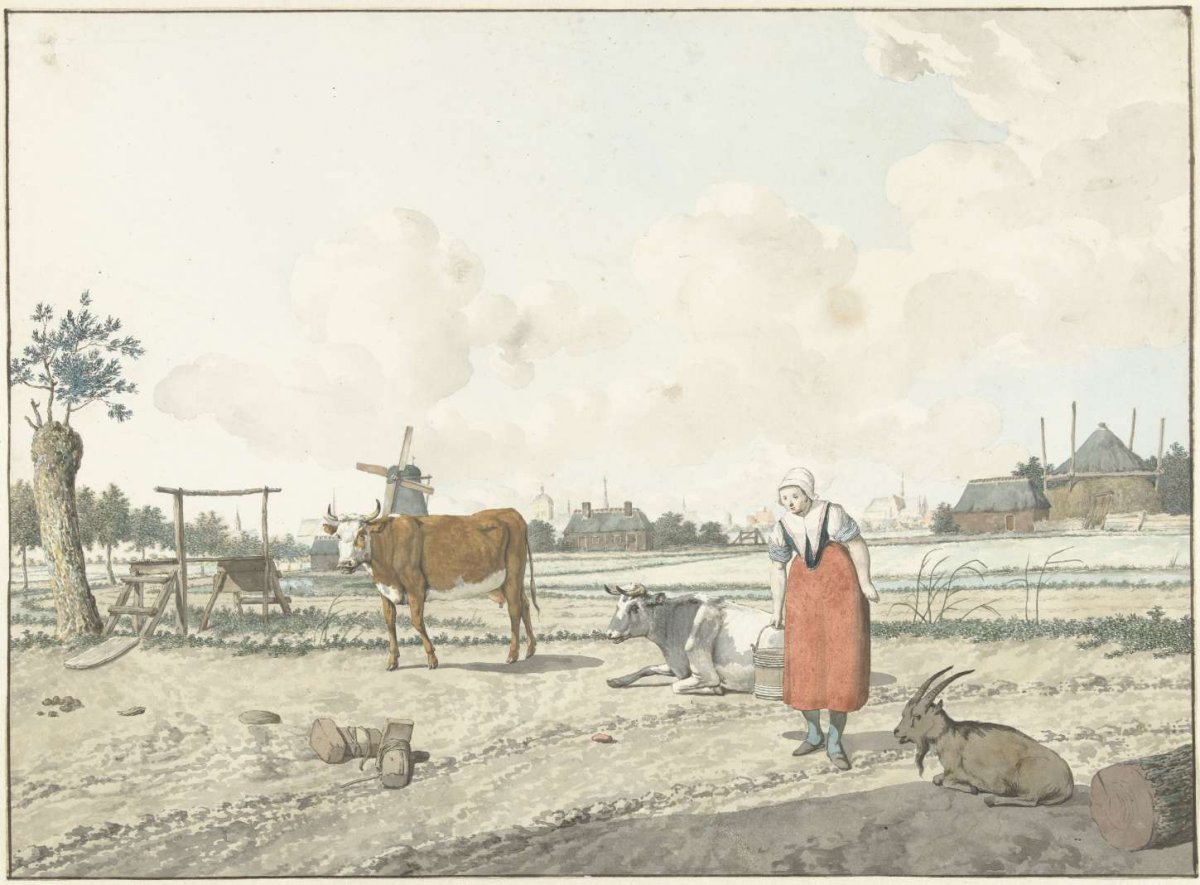 Landscape with farmer's wife and cattle, W. Barthautz, 1700 - 1800