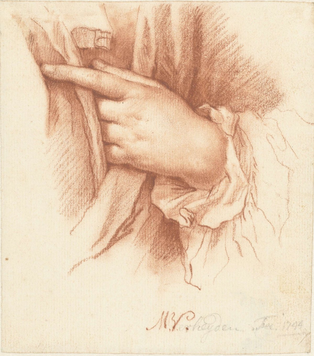 Study of a left hand in drapery, Mattheus Verheyden, 1744