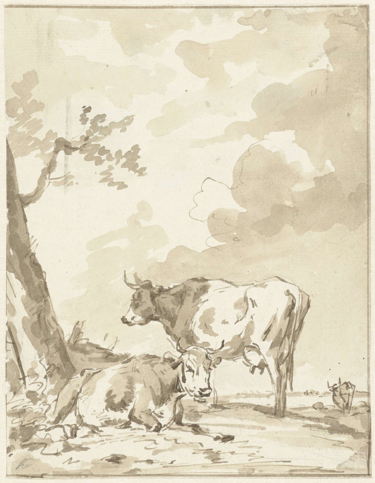 Two cows by a tree, Jan Kobell (II), 1788 - 1814
