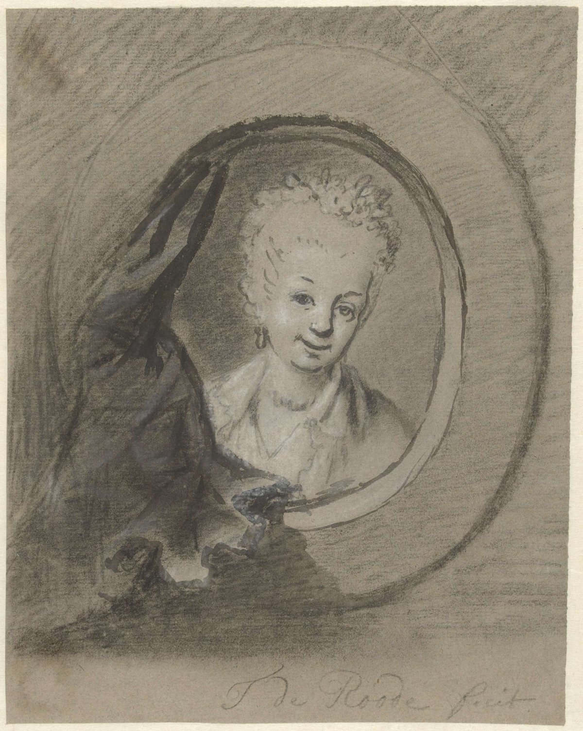 Portrait of a woman, in an oval frame with drapery, Theodorus de Roode, 1746 - 1793