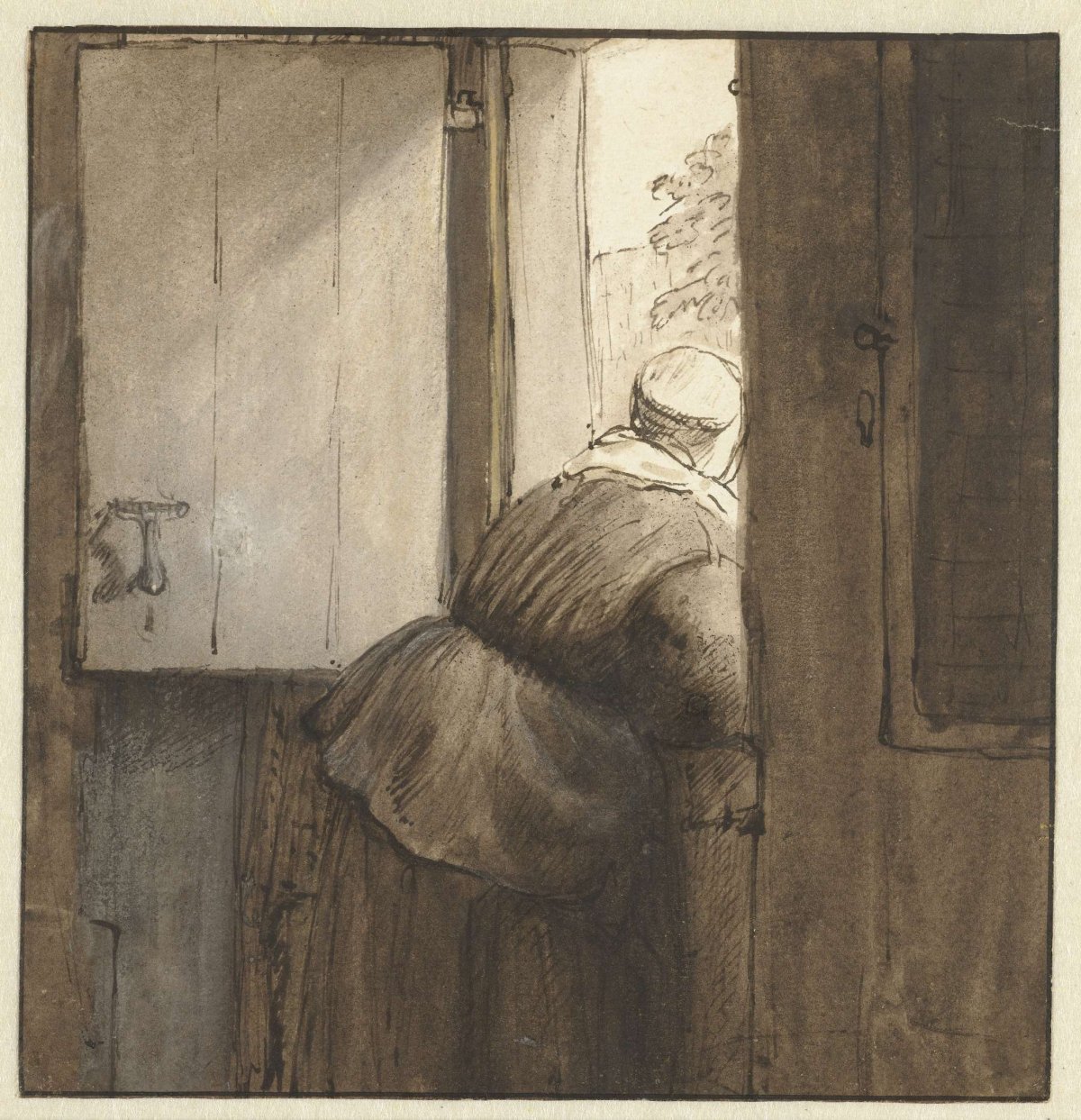 Woman leaned over lower door, Nicolaes Maes, 1644 - 1693