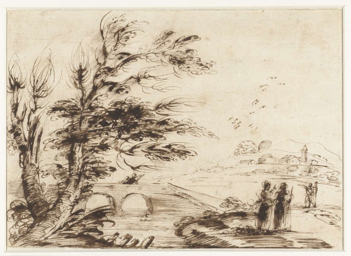 Landscape with a bridge and some figures, Guercino, 1601 - 1666