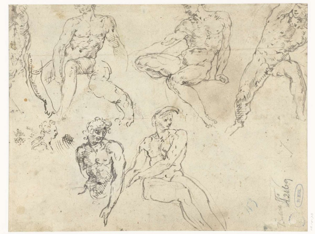 Studies of seated nude men, the Ignudi, anonymous, c. 1535 - after 1540