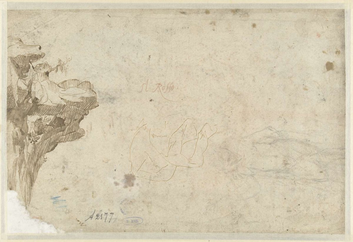 Sketches of a rocky landscape, a standing man and a drapery study, anonymous, 1500 - 1640