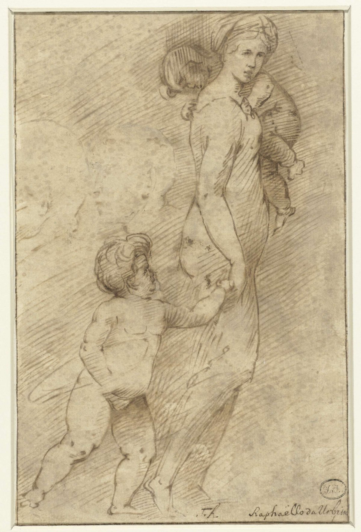 Two heads of men next to a woman with children, anonymous, 1500 - 1620