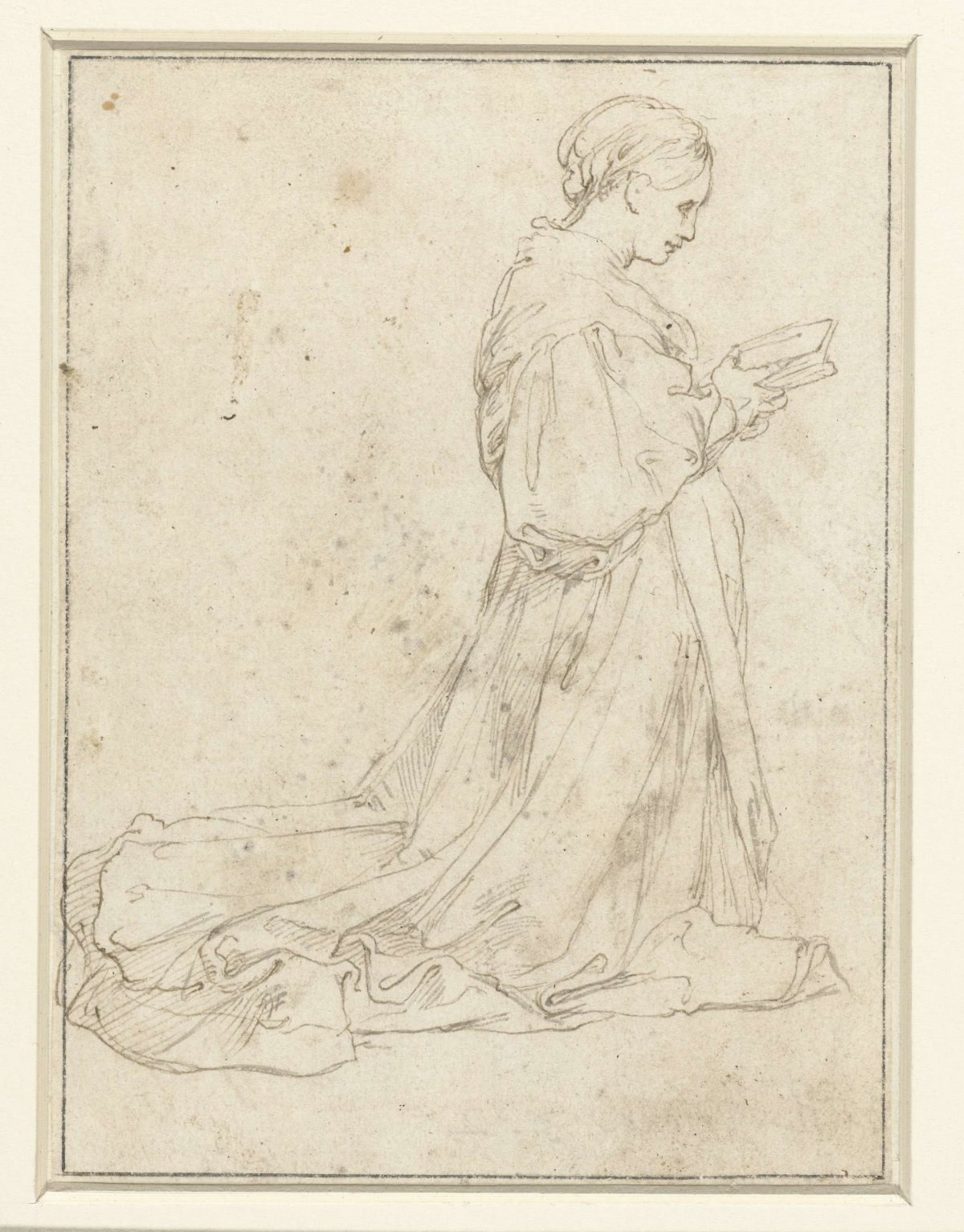 Woman kneeling to the right with a book in her hands, anonymous, 1500 - 1620