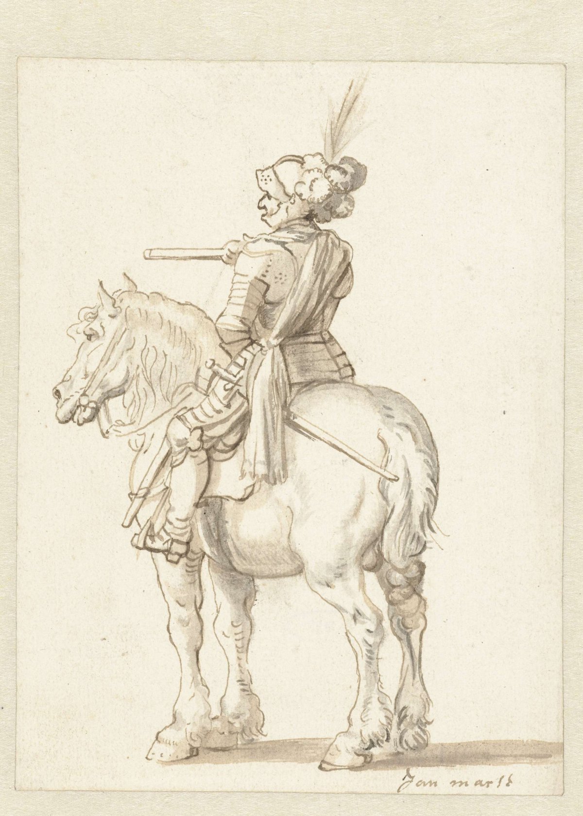 Rider in cuirass on horseback, half from behind, Jan Martszen de Jonge, 1620 - 1660