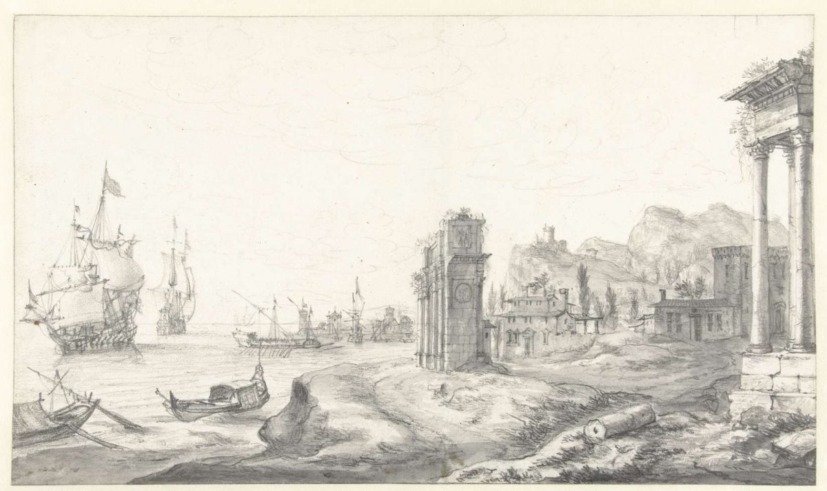 Fantasy view of a southern harbor, Jan Abrahamsz. Beerstraten, 1600 - 1699