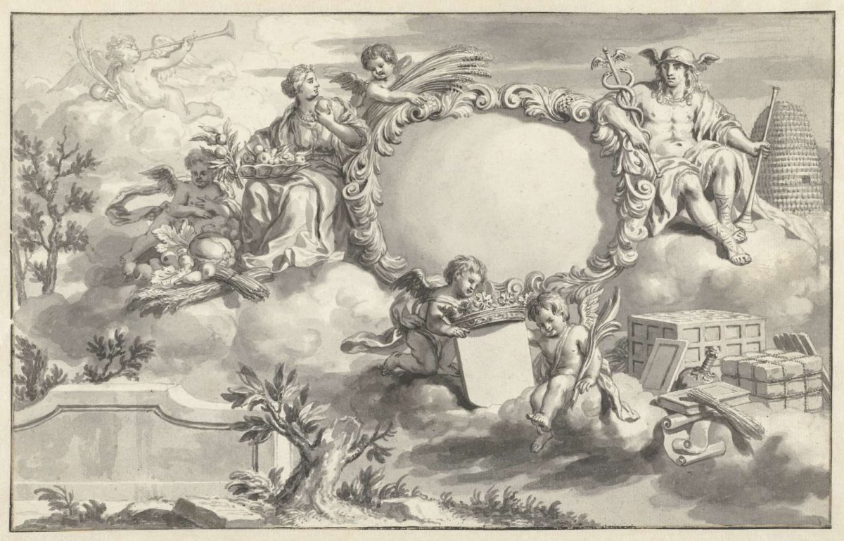 Allegorical representation with cartouches and various figures, Philip Tidemann, 1667 - 1705