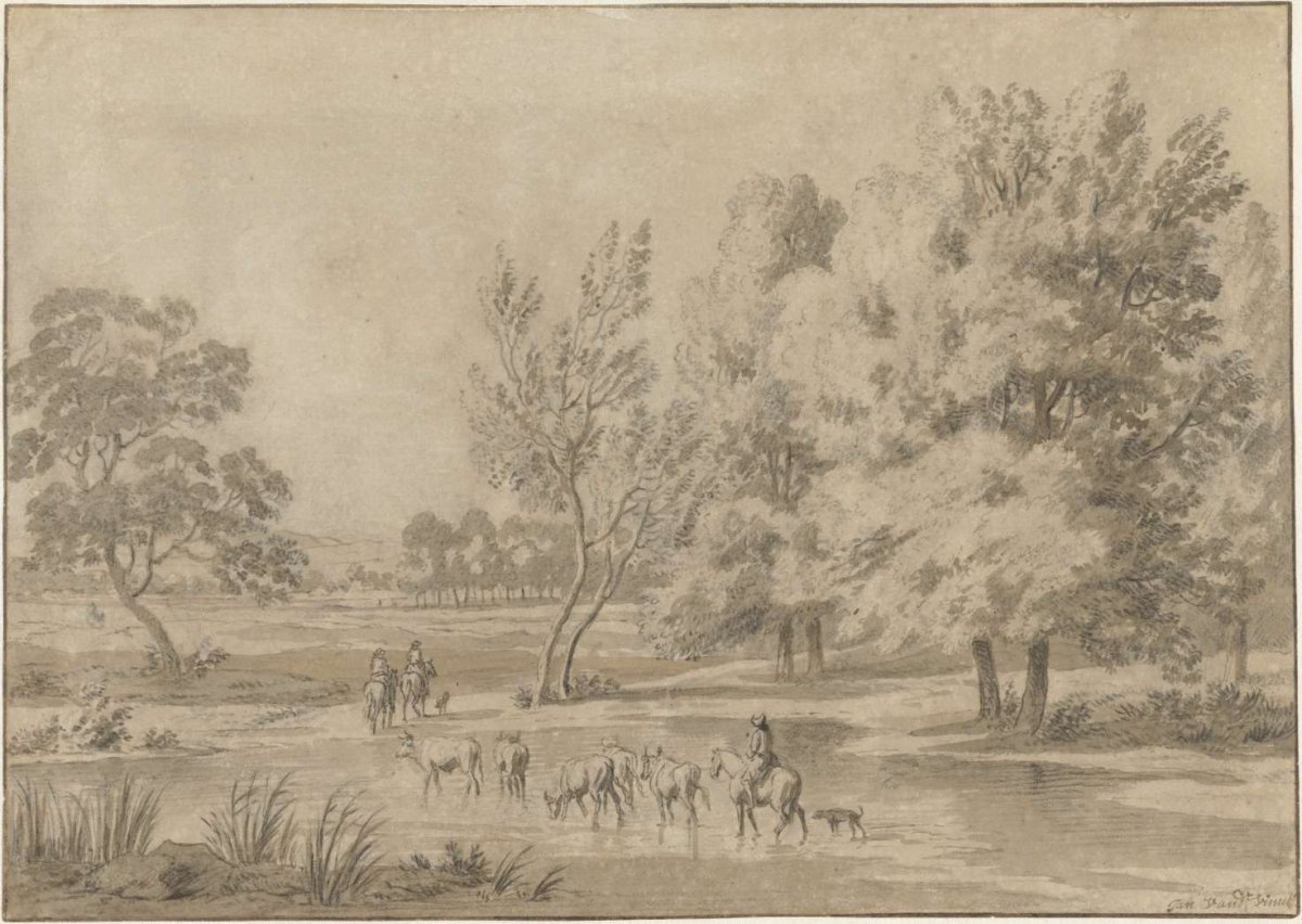 Landscape with trees, horsemen and some cows in a watering hole, Jan Laurensz. van der Vinne, 1709 - 1753