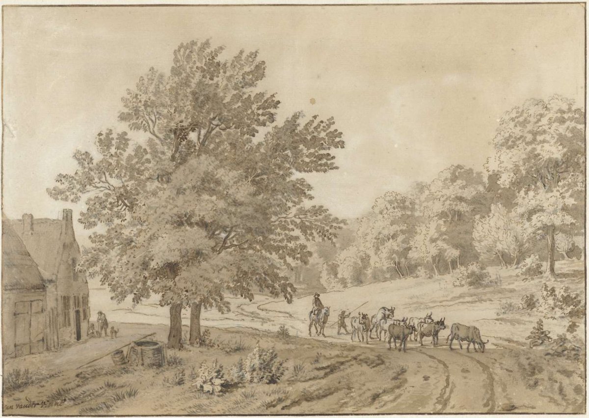 Landscape with cows on a dirt road and a farmhouse with well, Jan Laurensz. van der Vinne, 1709 - 1753