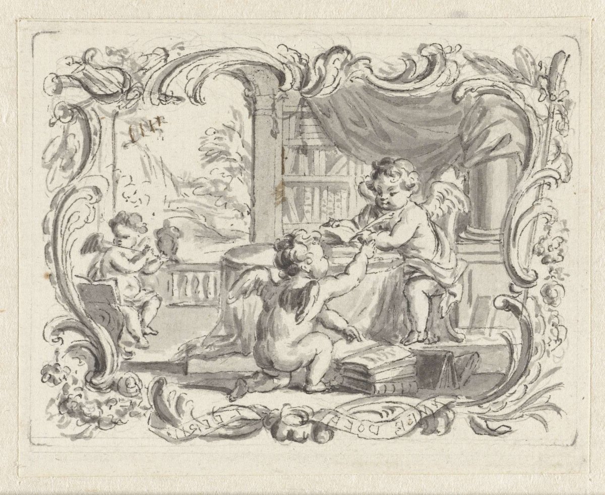 Vignette with putto, writing in study room, Abraham Delfos, c. 1741 - c. 1820