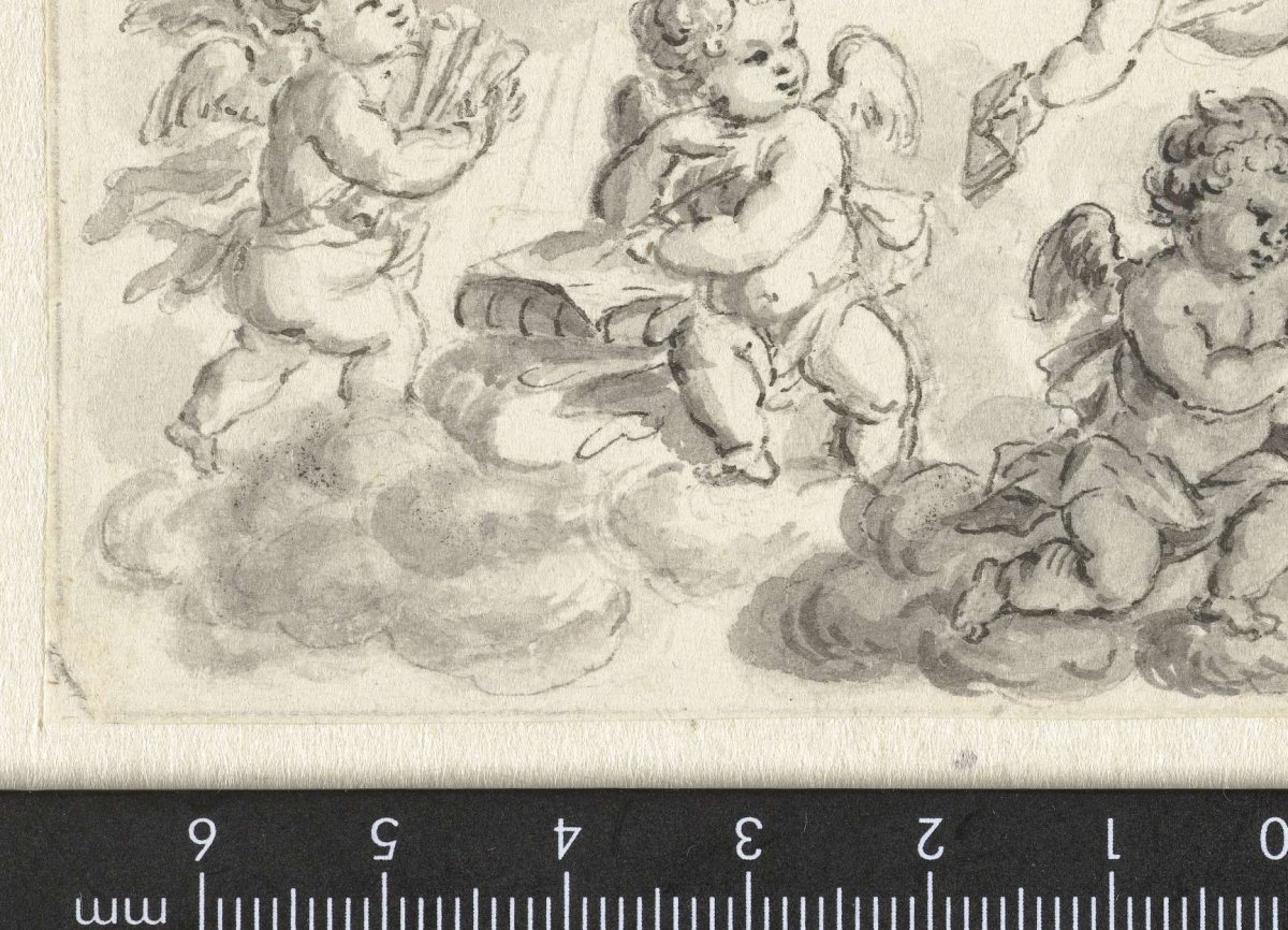 Vignette of putti on clouds with books, Abraham Delfos, c. 1741 - c. 1820