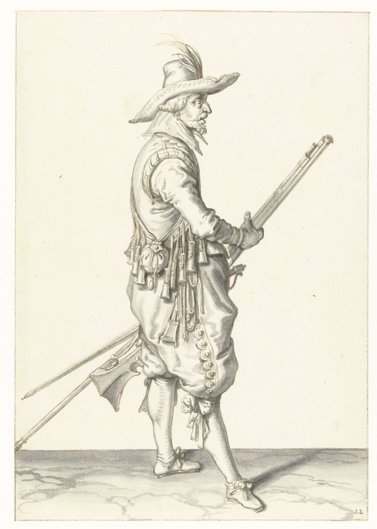 Soldier holding his musket with both hands by his left thigh, Jacques de Gheyn (II), 1596 - 1606