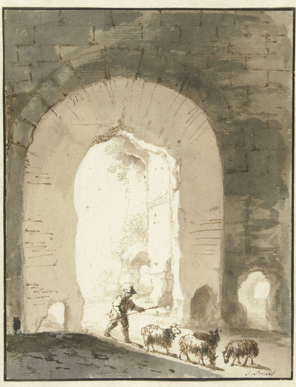 Shepherd at ruins, Jan Smees, 1705 - 1729