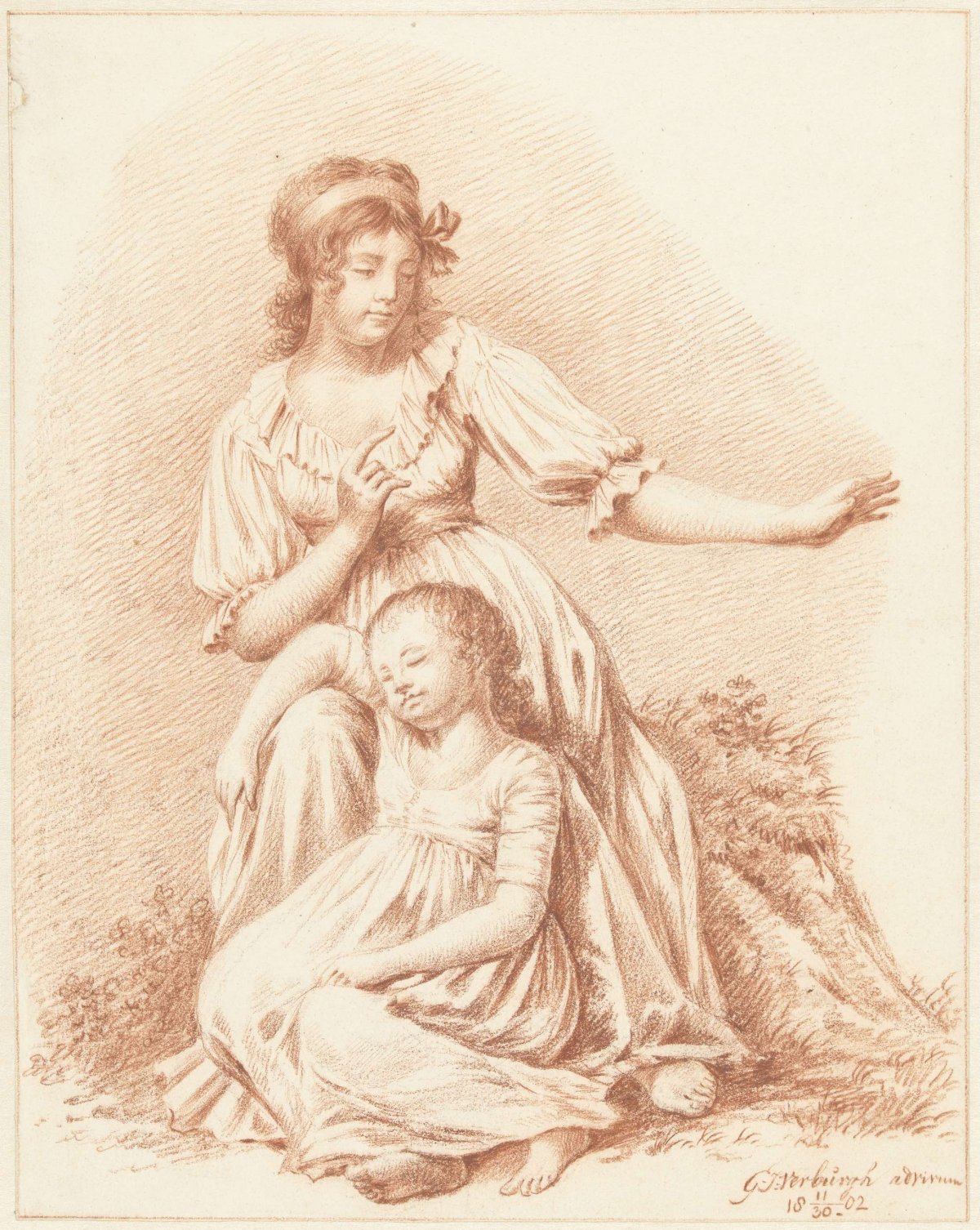 Seated woman with a sleeping girl at her knees, Gerardus Johannes Verburgh, 1802