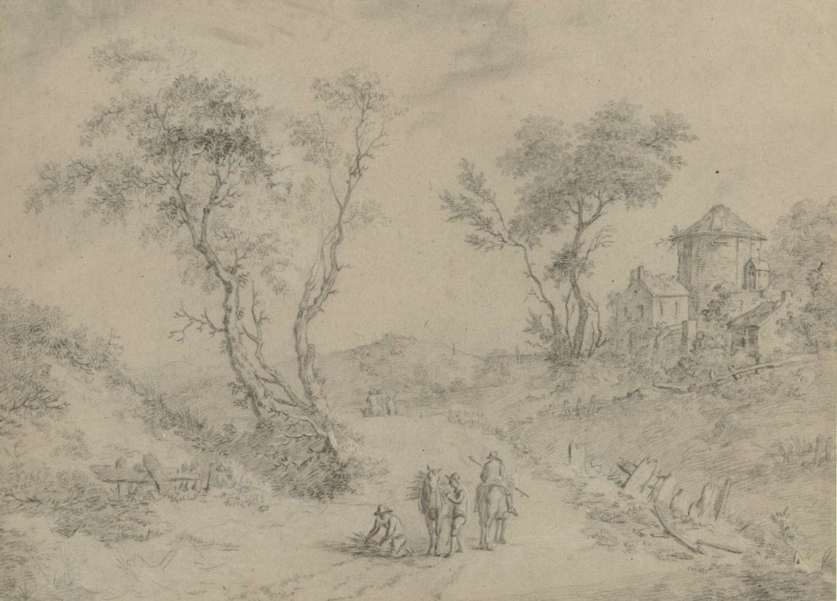 Horsemen with faggots on a country road near a dilapidated building, anonymous, 1700 - 1800