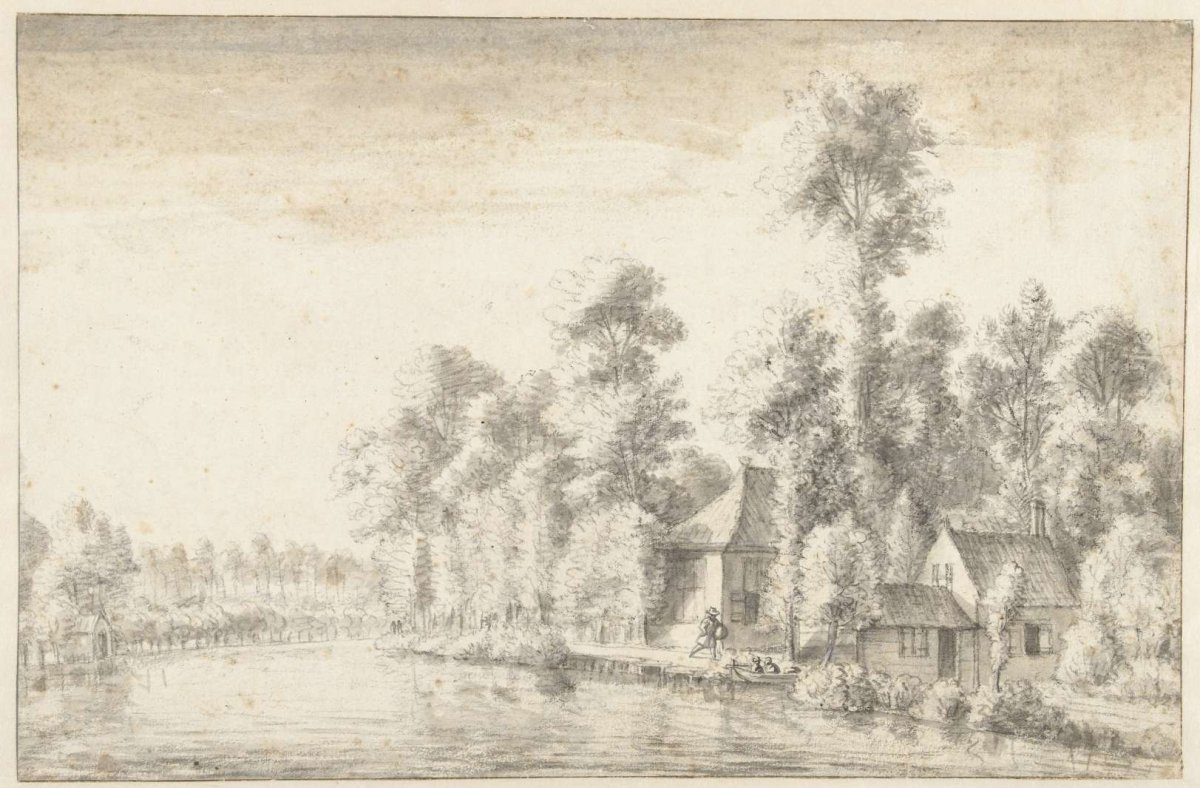River view with some houses, Anthonie Waterloo, 1619 - 1690