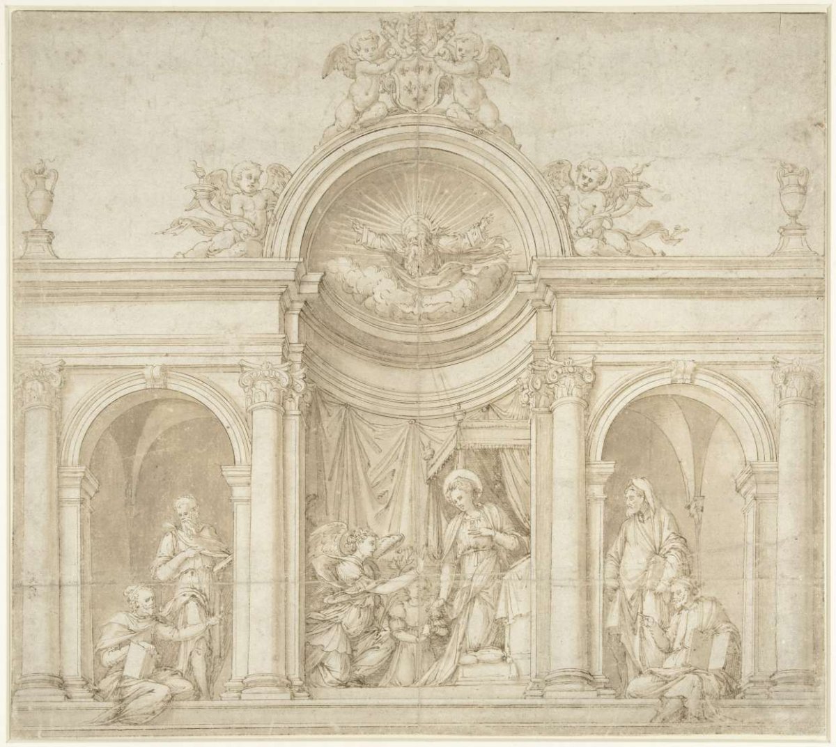 Altarpiece with a Proclamation and on either side two prophets, Baldassare Peruzzi, 1534 - 1549