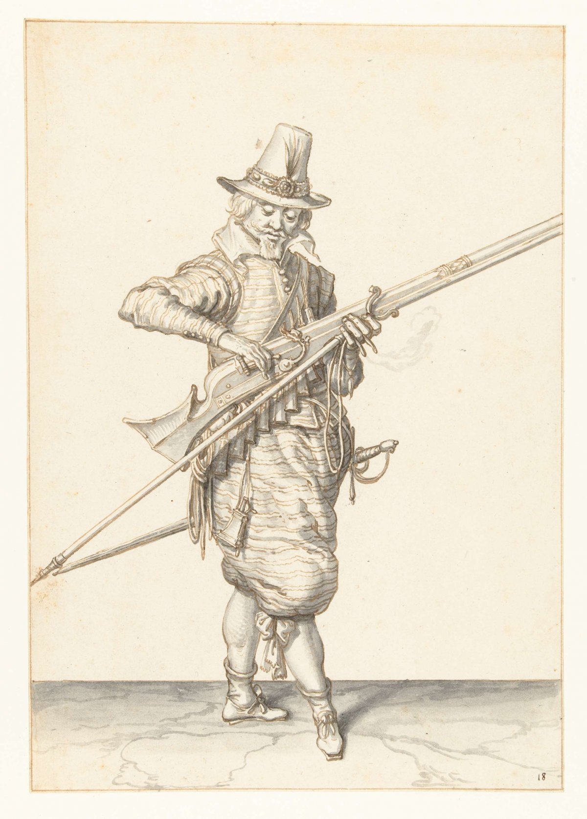 Soldier closing the pan of his musket, Jacques de Gheyn (II), 1596 - 1606
