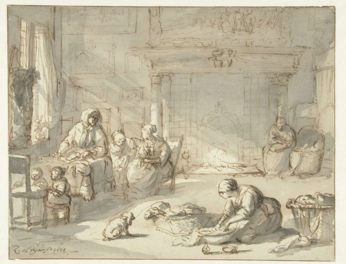 Interior of house with women and children, Zacharias Blijhooft, 1671