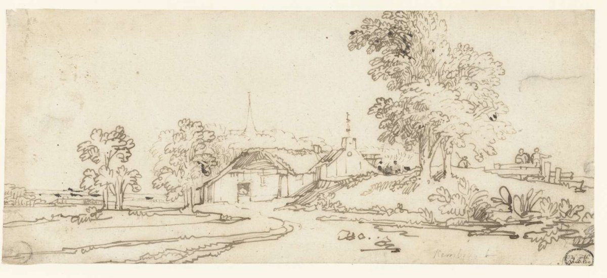 Boerenhuizen tussen enkele bomen, Anthonie van Borssom, 1640 - 1677