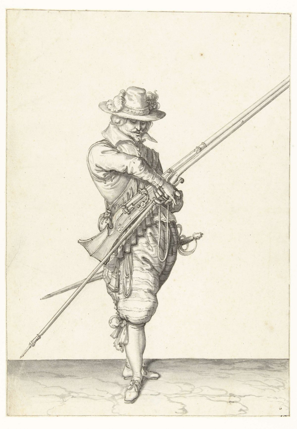 Soldier with a musket grabbing his fuse, Jacques de Gheyn (II), 1596 - 1606