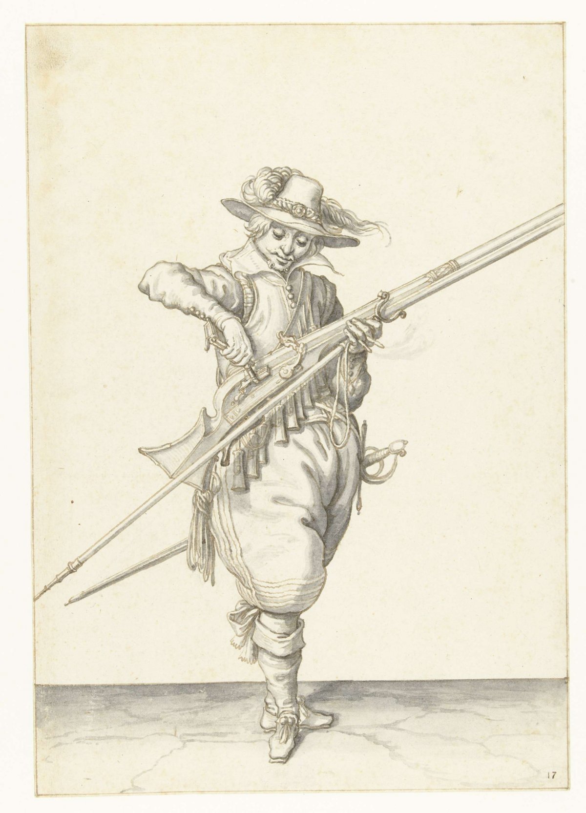 Soldier pouring gunpowder into the pan of his musket, Jacques de Gheyn (II), 1596 - 1606