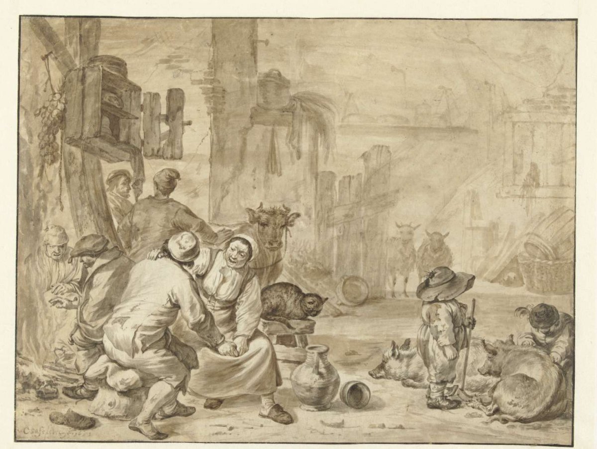 Stable interior with eight people, Cornelis Saftleven, 1651