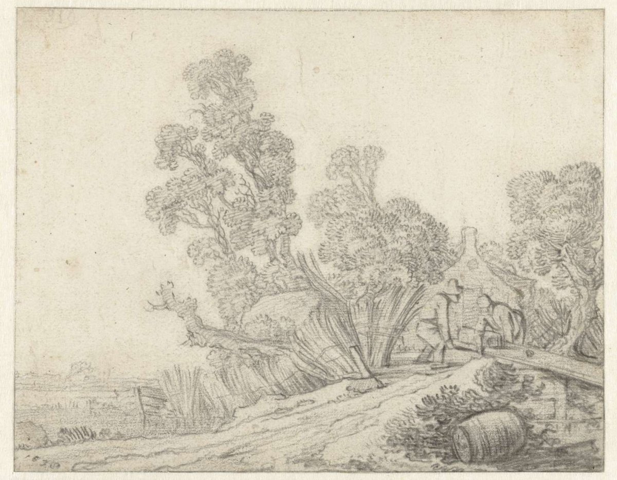 Landscape with two figures in front of a farmhouse, Pieter de Molijn, 1638