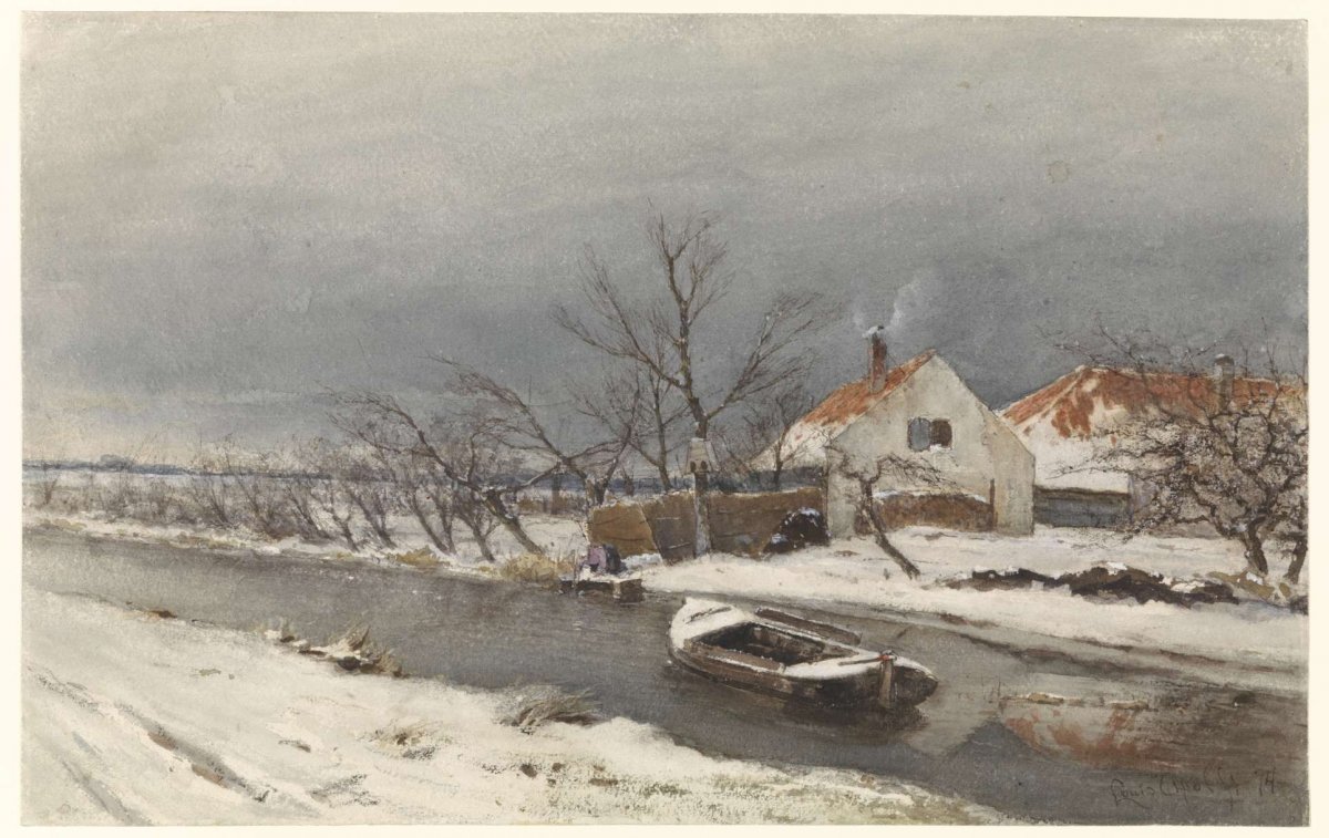 Winter landscape with houses on a canal, Louis Apol, 1874