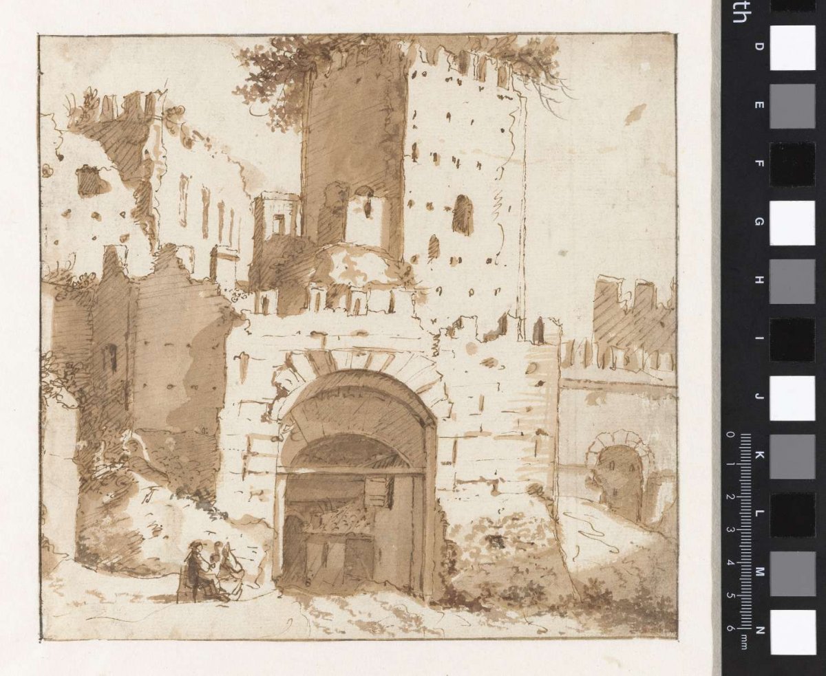Ruins of Italian city wall with gate, Jan de Bisschop, 1648 - 1671