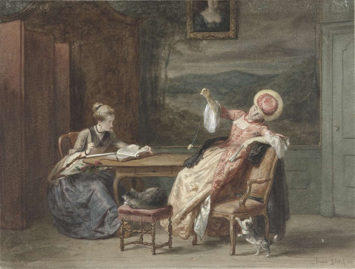 Two young women at a table, David Bles, 1870