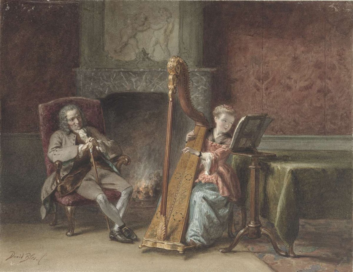 Interior with girl playing harp and a gentleman in a chair looking on, David Bles, 1831 - 1892