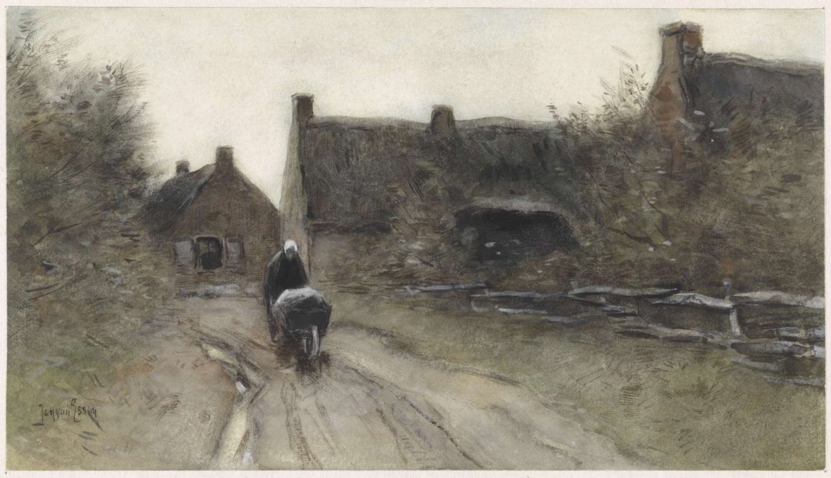 Village scene with woman with wheelbarrow, Jan van Essen, 1864 - 1892