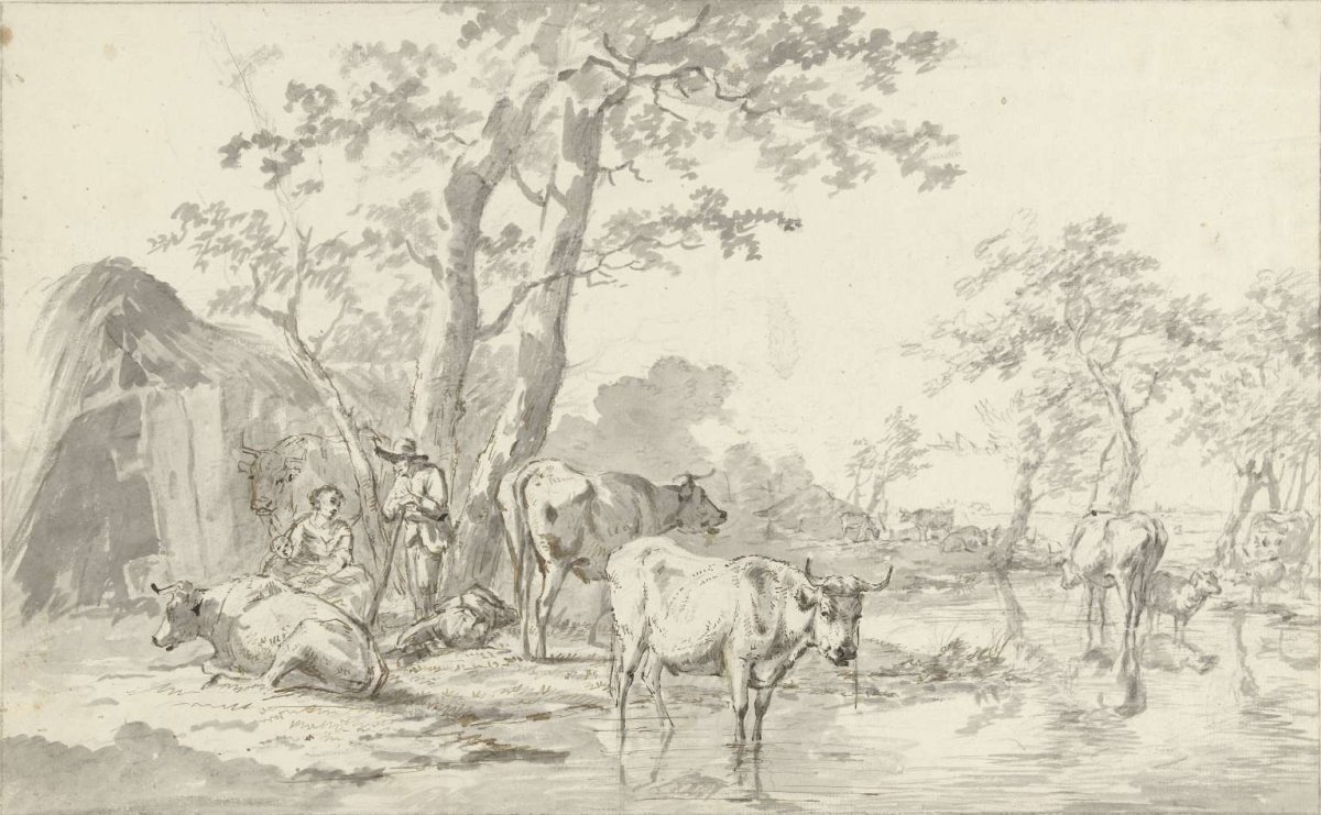 Shepherd with wife and child with cattle under trees near water, Jan Kobell (I), 1766 - 1833
