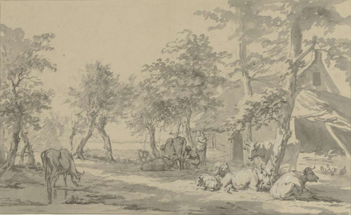 Cattle under trees near a farm, Jan Kobell (I), 1766 - 1833